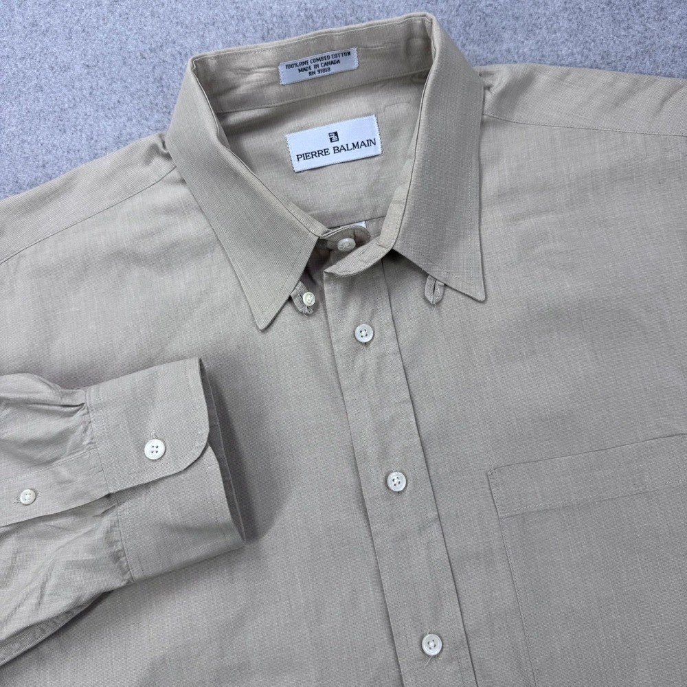Pierre Balmain Button Down Shirt Men 17 33 (L) Beige Cotton Long Sleeve Designer
